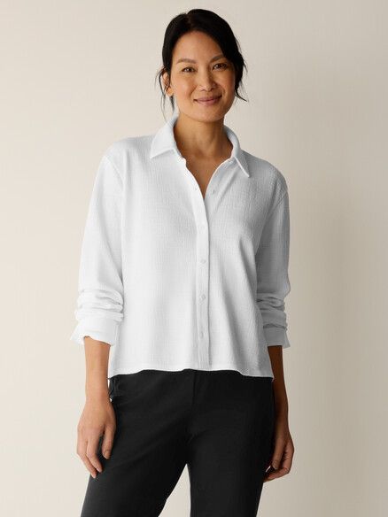 Eileen Fisher Cross Hatch Stretch Jersey Classic Collar Shirt in White