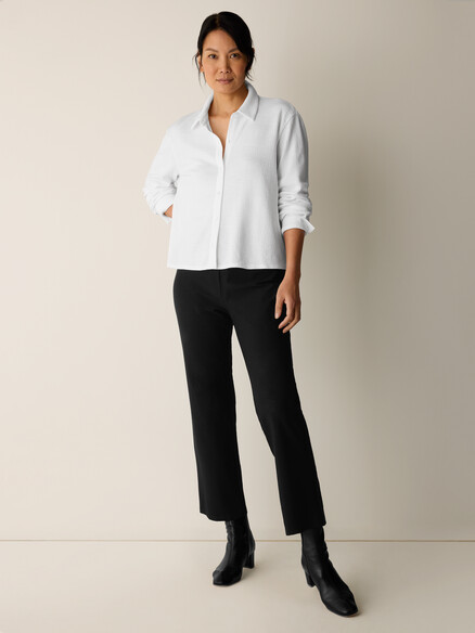 Eileen Fisher Cross Hatch Stretch Jersey Classic Collar Shirt in White