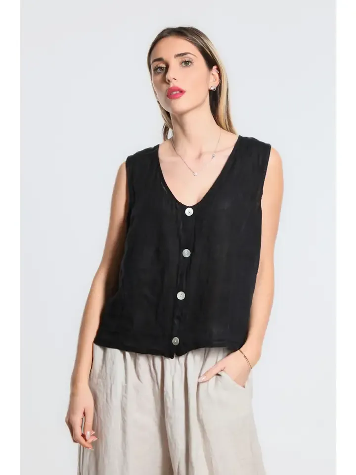 Tees by Tina Robin Linen Button Vest in Black