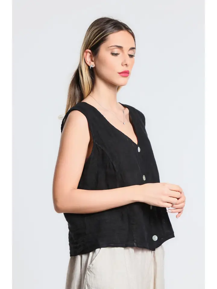 Tees by Tina Robin Linen Button Vest in Black