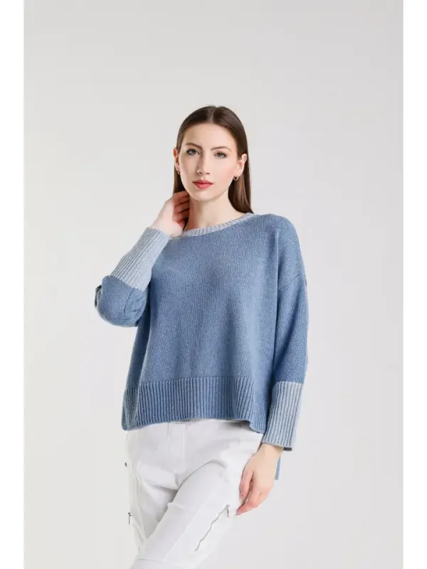 Tees by Tina Lisbeth Contrast Neck Hi/Low Sweater in Jeans/Light Jeans