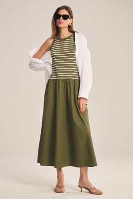 Velvet Romina Stripe Rib and Poplin Mix Media Dress in Kale Velvet Romina Stripe Rib and Poplin Mix Media Dress in Kale