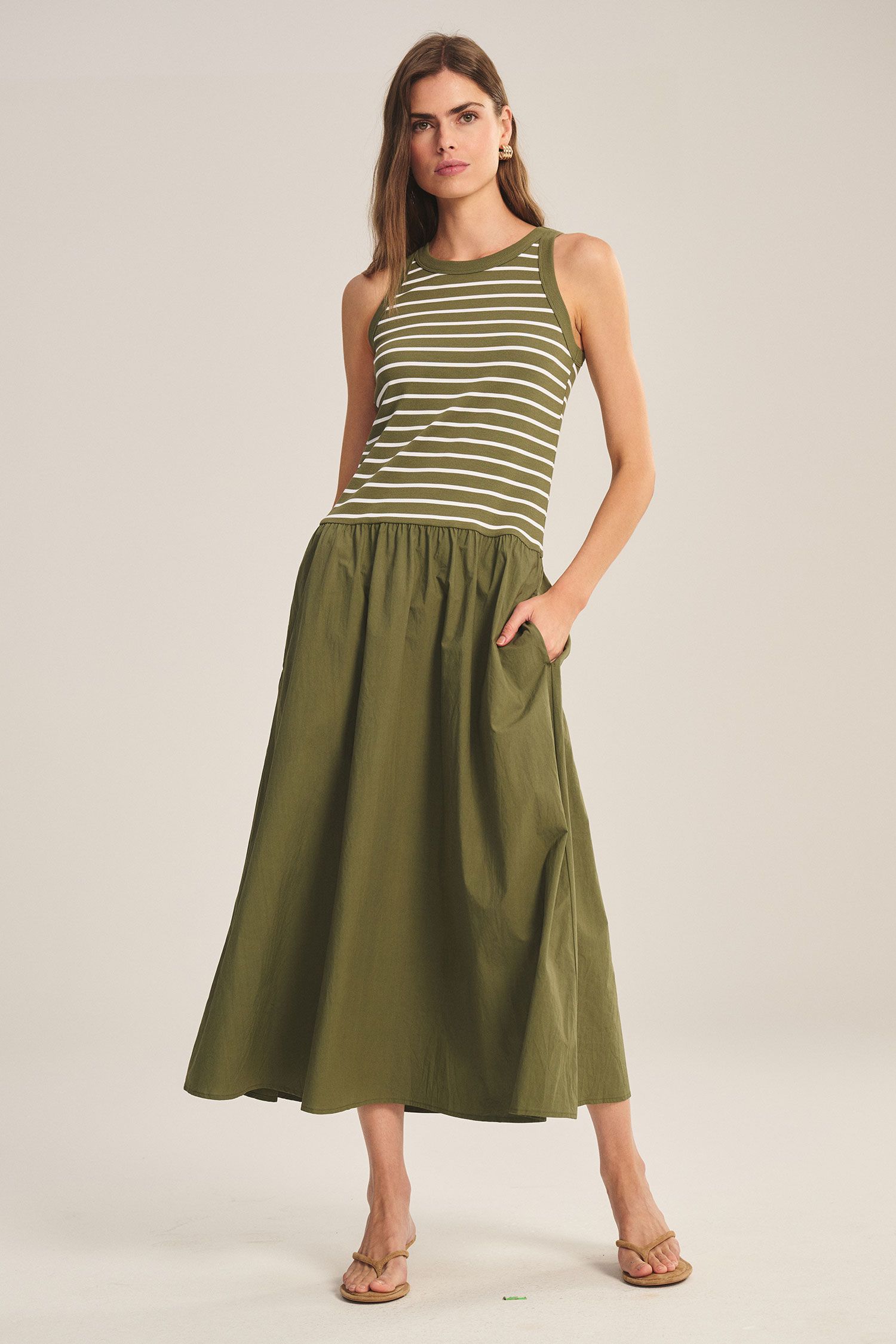 Velvet Romina Stripe Rib and Poplin Mix Media Dress in Kale