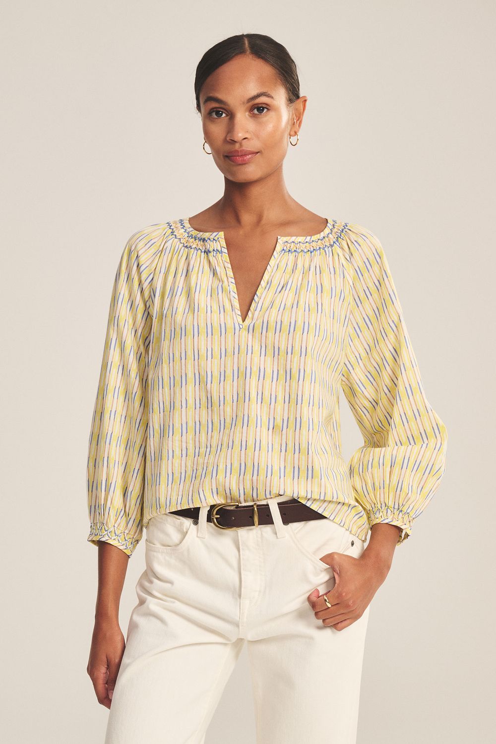 Velvet Campbell Novelty Printed Stripe Blouse in Buttercup