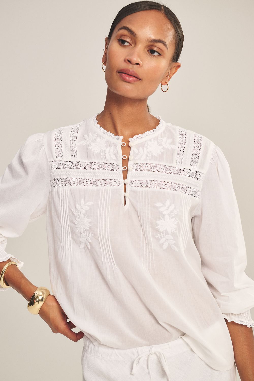 Velvet Byrdie Cotton Lace Long Sleeve Top in White