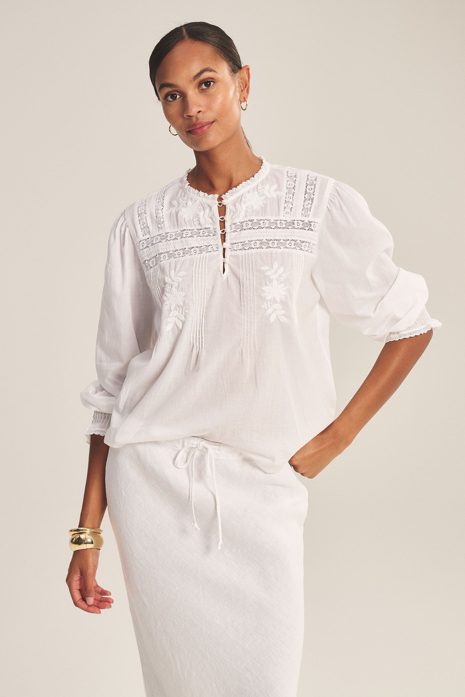 Velvet Byrdie Cotton Lace Long Sleeve Top in White