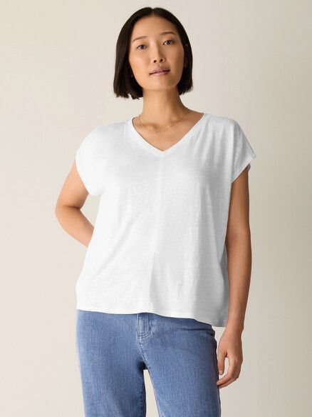 Eileen Fisher Organic Linen Jersey V Neck Square Tee in White