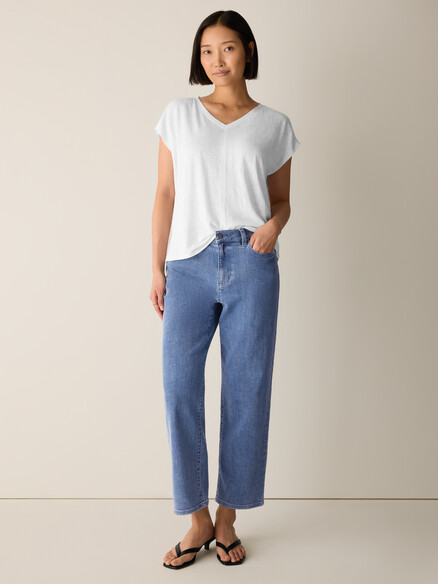 Eileen Fisher Organic Linen Jersey V Neck Square Tee in White