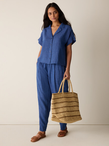 Eileen Fisher Washed Organic Linen Delave Notch Collar Shirt in Deep Dive