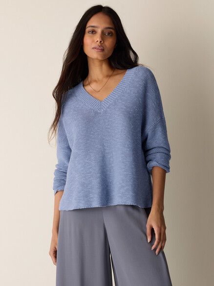 Eileen Fisher Organic Linen Cotton Slub V Neck Sweater in Haze