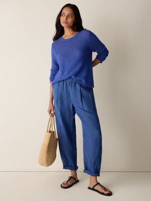 Eileen Fisher Washed Organic Linen Delave Pleated Ankle Lantern Pant in Deep Dive