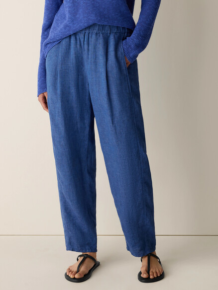 Eileen Fisher Washed Organic Linen Delave Pleated Ankle Lantern Pant in Deep Dive