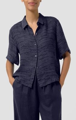 Eileen Fisher Linen Gauze Strata Classic Collar Elbow Sleeve Top in Ink Eileen Fisher Linen Gauze Strata Classic Collar Elbow Sleeve Top in Ink