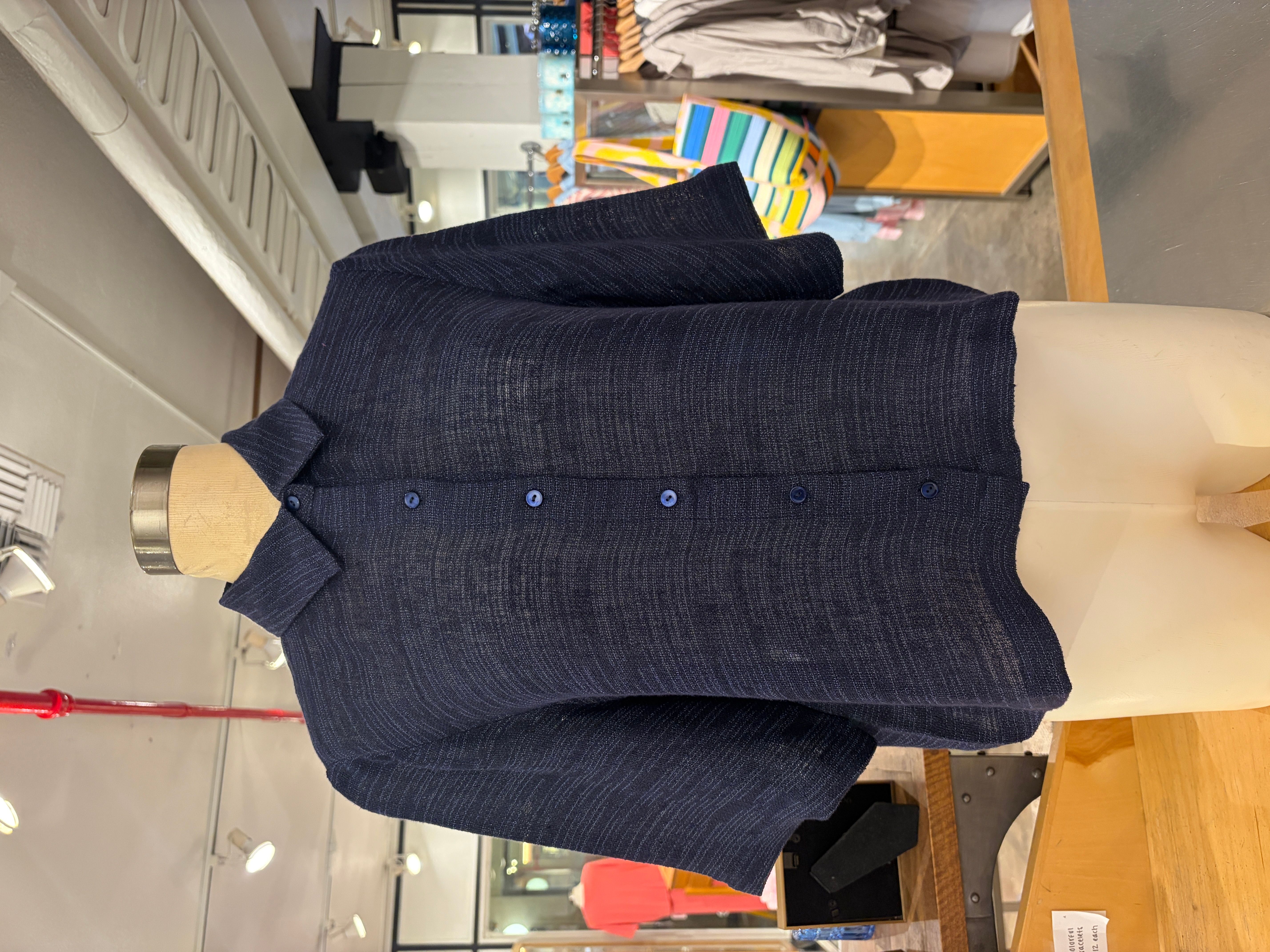 Eileen Fisher Linen Gauze Strata Classic Collar Elbow Sleeve Top in Ink