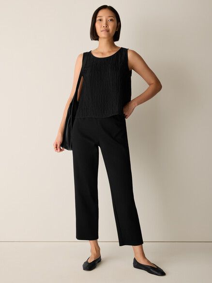 Eileen Fisher Cotton Blend Ponte Straight Ankle Pant w/Yoke in Black