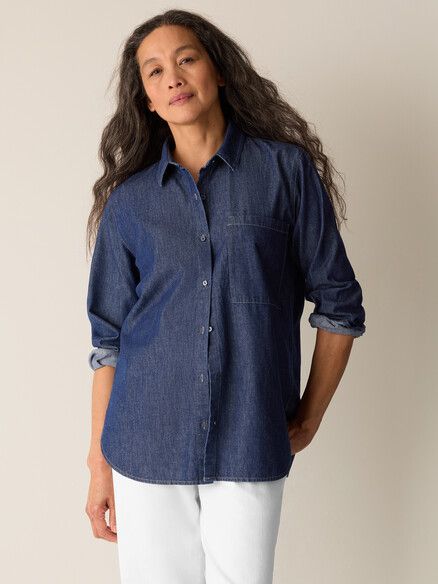 Eileen Fisher Lightweight Organic Cotton Denim Classic Collar Long Shirt in Dark Indigo Eileen Fisher Lightweight Organic Cotton Denim Classic Collar Long Shirt in Dark Indigo
