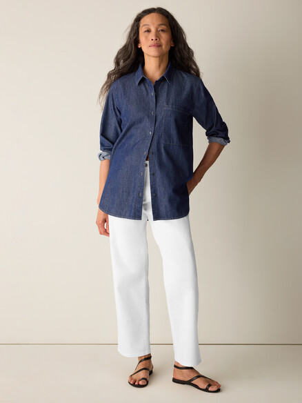 Eileen Fisher Lightweight Organic Cotton Denim Classic Collar Long Shirt in Dark Indigo
