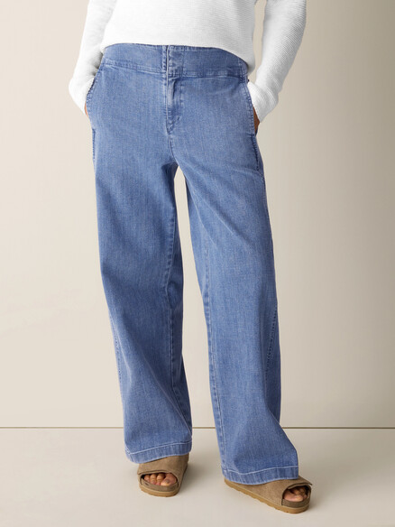 Eileen Fisher Cotton Stretch Denim Wide-Leg Trouser in Classic Indigo