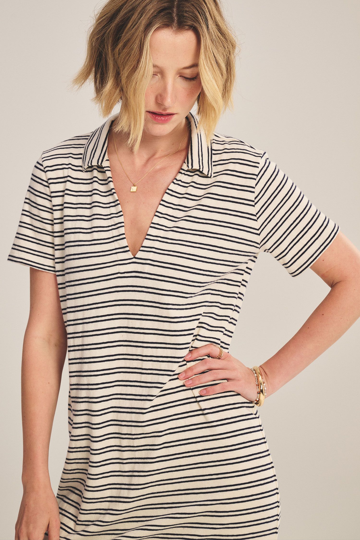 Velvet Corin Yarn Dye Stripe Jersey Dress in Natural/Navy