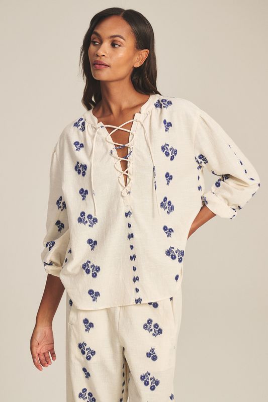 Velvet Winslet Floral Cotton Jacquard Top in Cream/Cobalt