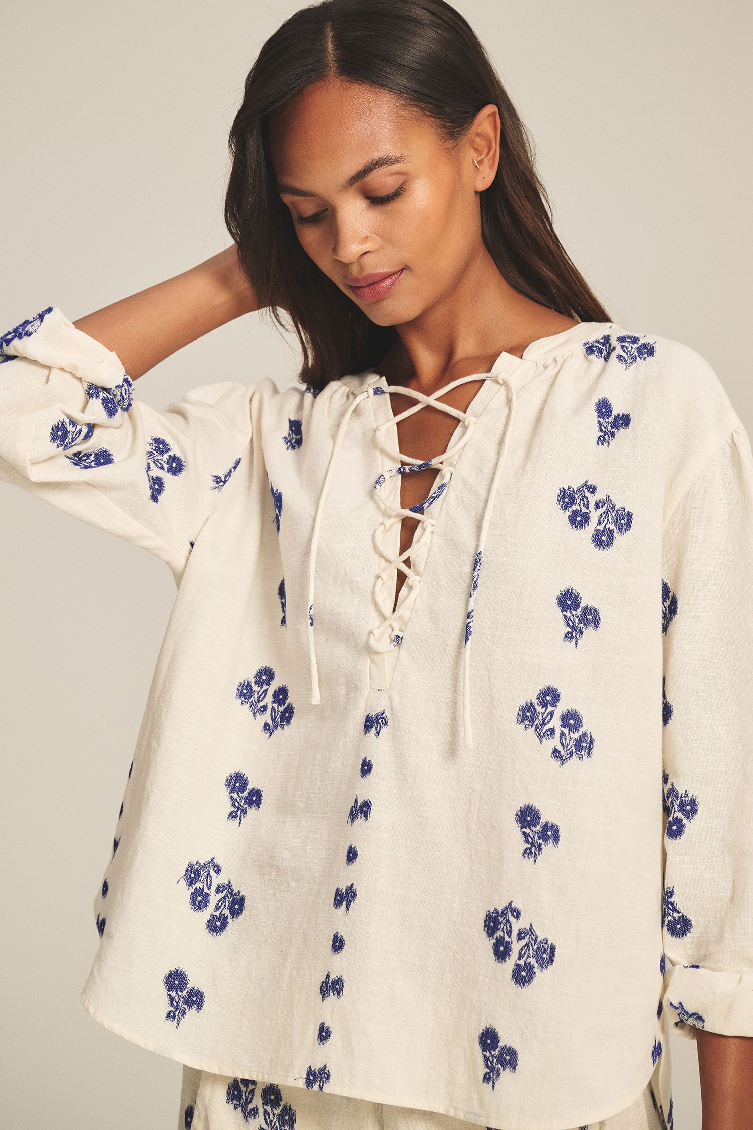 Velvet Winslet Floral Cotton Jacquard Top in Cream/Cobalt