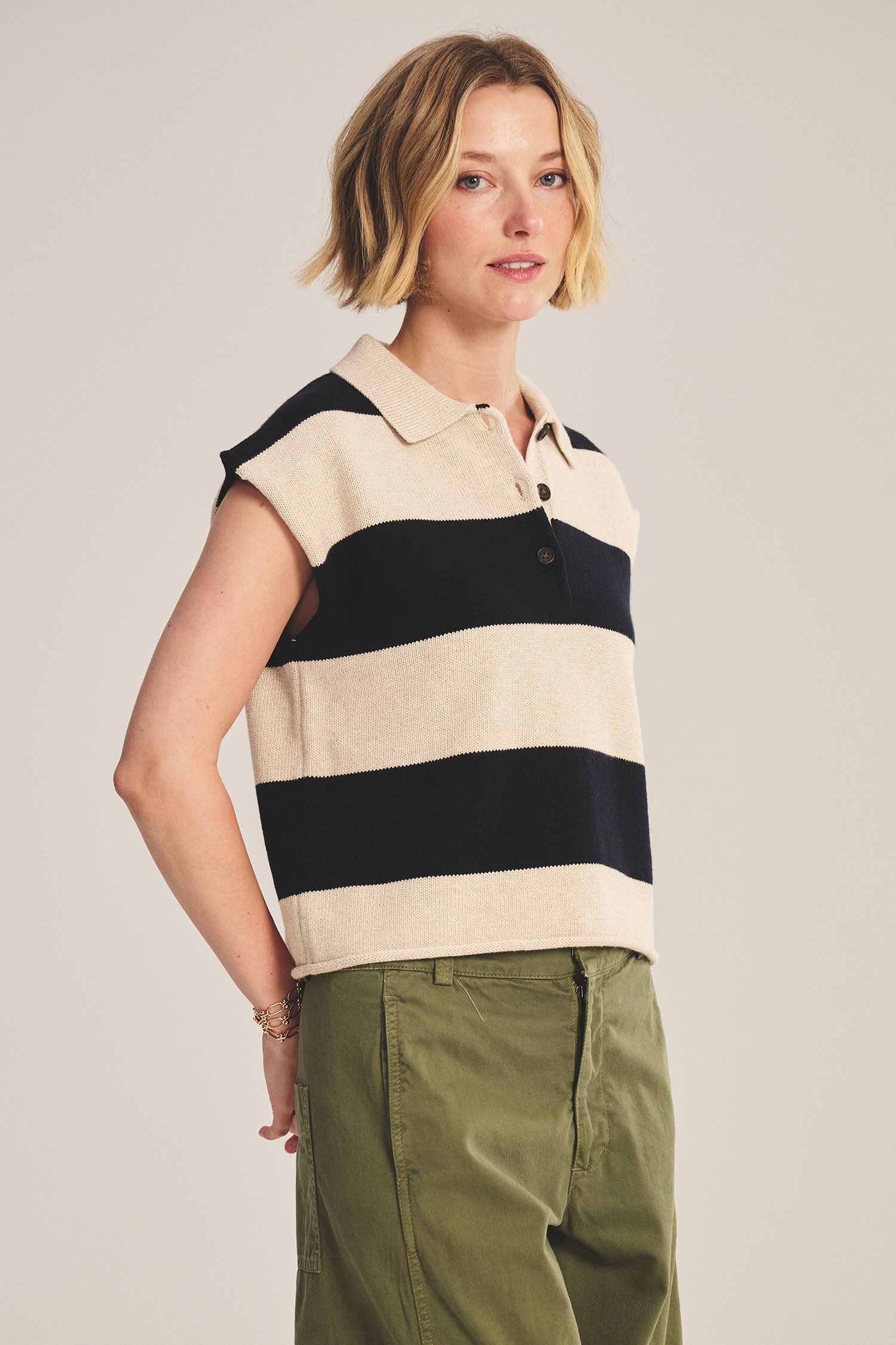 Velvet Zoella Cotton Cashmere Sweater in Oat/Navy