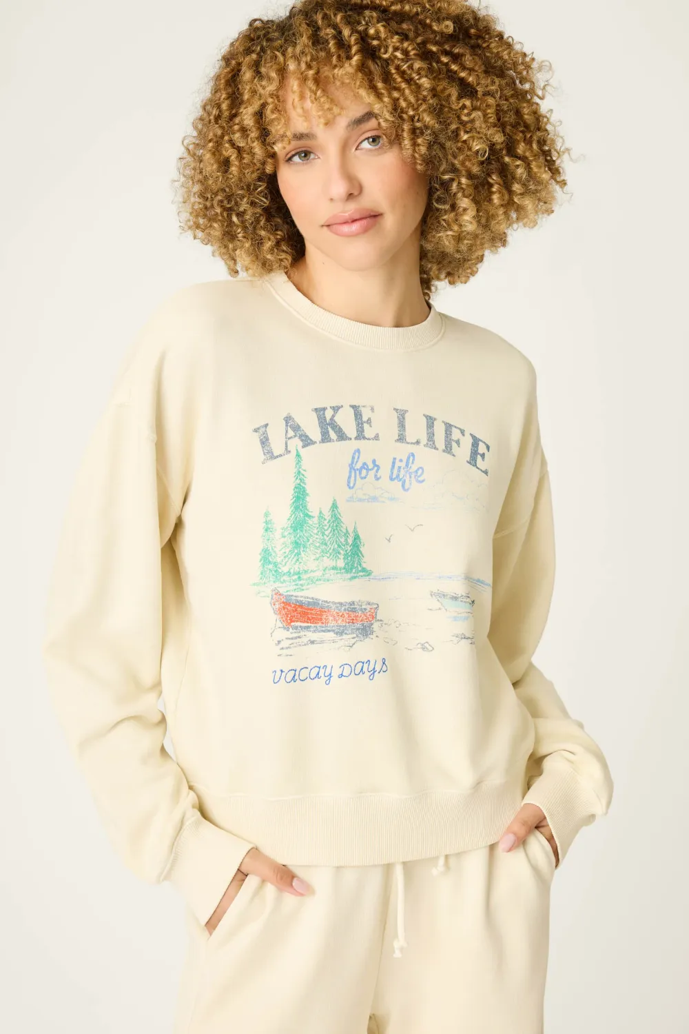 PJ Salvage Washed Away Lake Life for Life Pullover in Light Bone