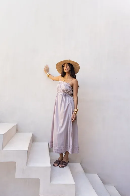 The Fox & The Mermaid Damya Hand Embroidered Cotton Voile Maxi Dress in Lavender Haze
