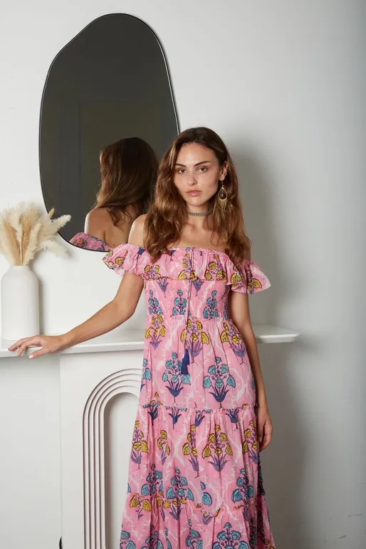 The Fox & The Mermaid Anaka Printed Cotton Maxi Dress With Smocking in Pink Floral