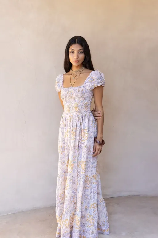 The Fox & The Mermaid Paloma Block Printed Cotton Maxi Dress With Smocking in Buttermilk The Fox & The Mermaid Paloma Block Printed Cotton Maxi Dress With Smocking in Buttermilk