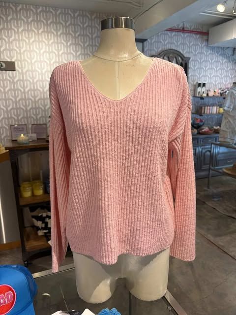 Avalin Long Sleeve V-Neck Ribbed Drop Shoulder Sweater in Pink