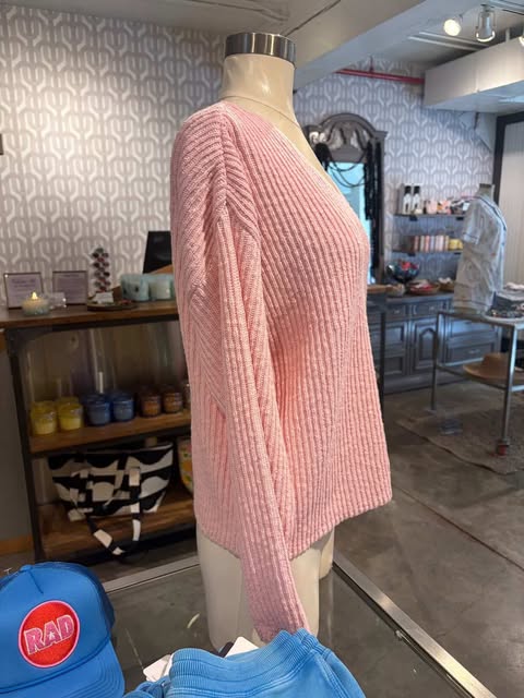 Avalin Long Sleeve V-Neck Ribbed Drop Shoulder Sweater in Pink