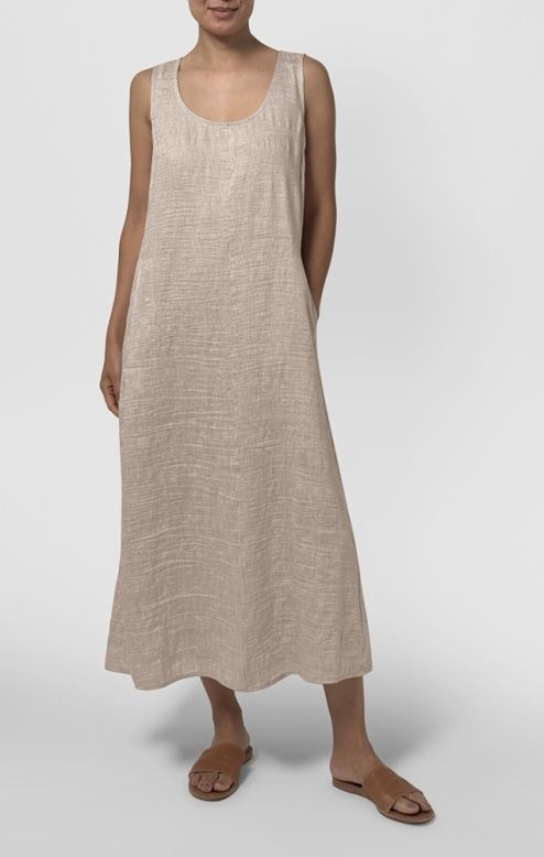 Eileen Fisher Woven Striped Linen Sheen Scoop Neck Dress in Wheat