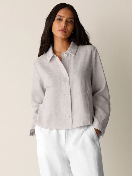 Eileen Fisher Woven Striped Linen Sheen Classic Collar Jacket in Wheat Eileen Fisher Woven Striped Linen Sheen Classic Collar Jacket in Wheat