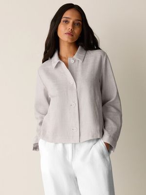 Eileen Fisher Woven Striped Linen Sheen Classic Collar Jacket in Wheat Eileen Fisher Woven Striped Linen Sheen Classic Collar Jacket in Wheat