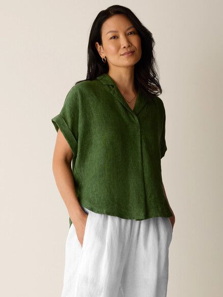 Eileen Fisher Washed Organic Linen Delave Notch Collar Top Field