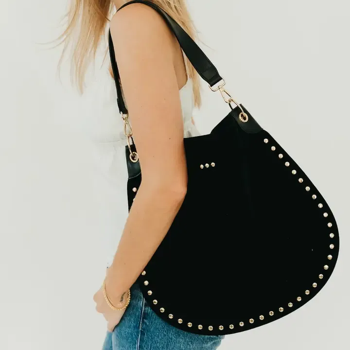 Pretty Simple Rosalie Rivet Suede Hobo Bag in Black