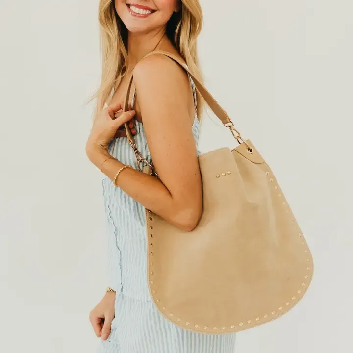 Pretty Simple Rosalie Rivet Suede Hobo Bag in Oat