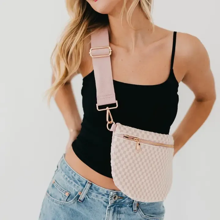 Pretty Simple Westlyn Woven Bum Bag in Checkered Blush Pretty Simple Westlyn Woven Bum Bag in Checkered Blush