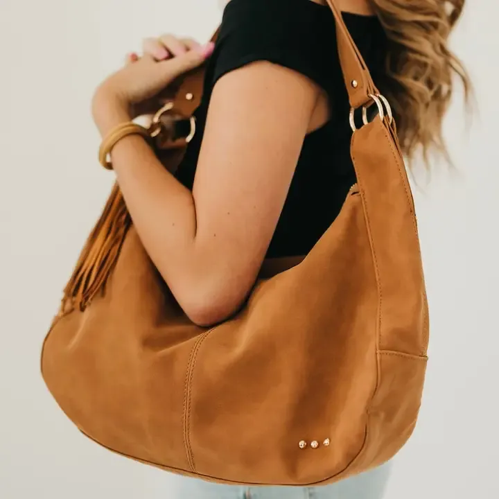 Pretty Simple Hazel Hobo Shoulder Bag With Tassel in Tan Suede