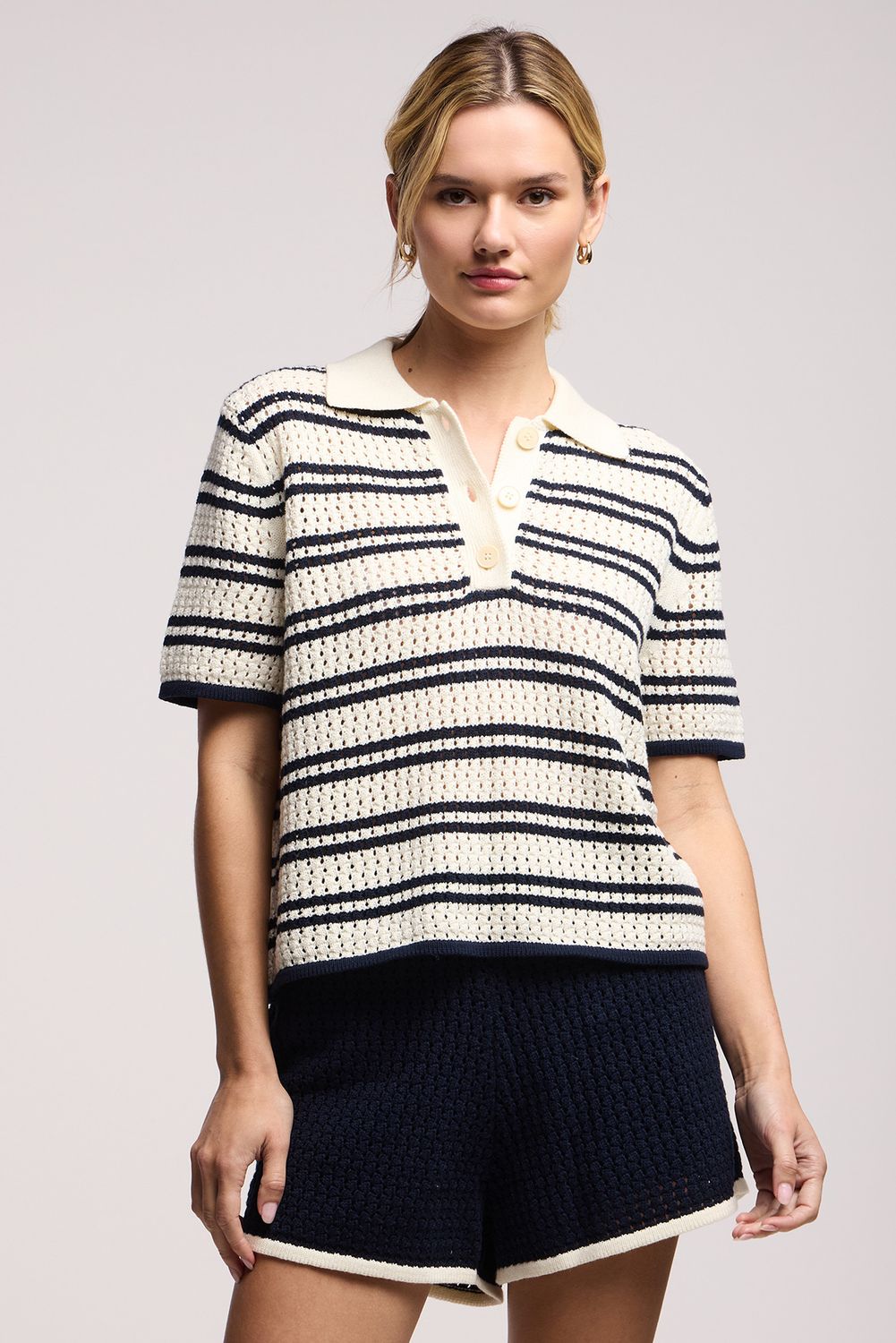 Velvet Lumae Mesh Cotton Knit Polo Top in Milk/Navy