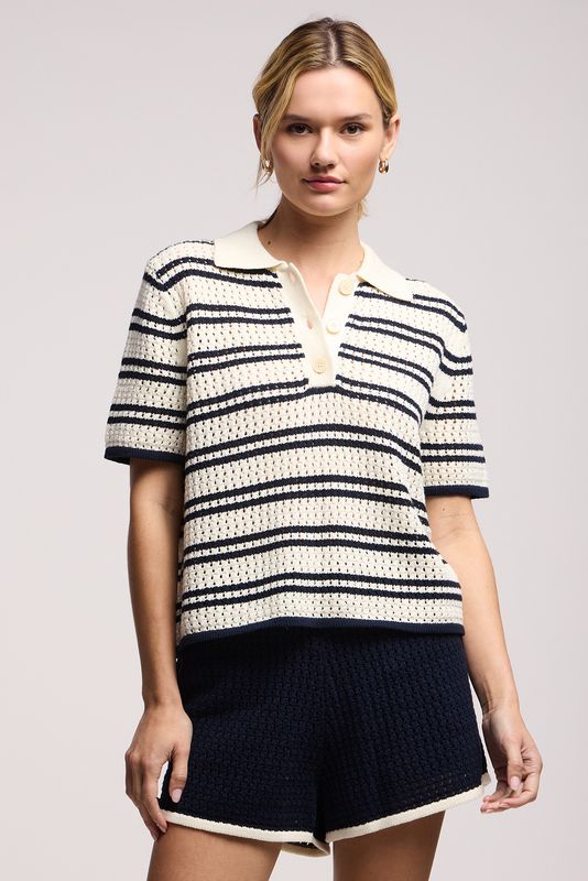 Velvet Lumae Mesh Cotton Knit Polo Top in Milk/Navy