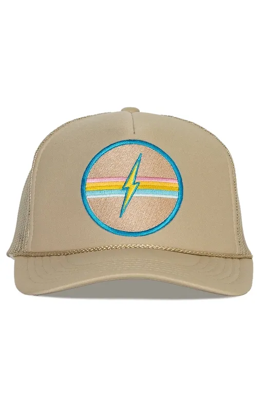 Friday Feelin' Electric Rainbow Trucker Hat in Tan