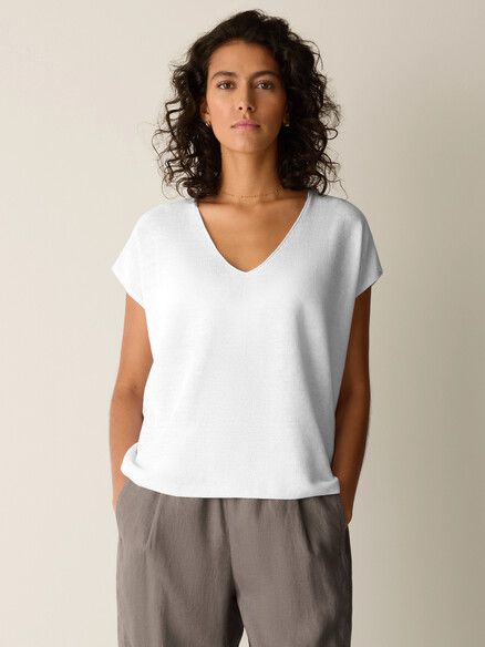 Eileen Fisher Organic Linen Cotton V-Neck Top in White