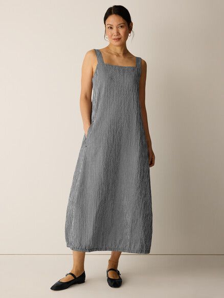 Eileen Fisher Organic Cotton Pucker Check Square Neck Lantern Dress in Black/White