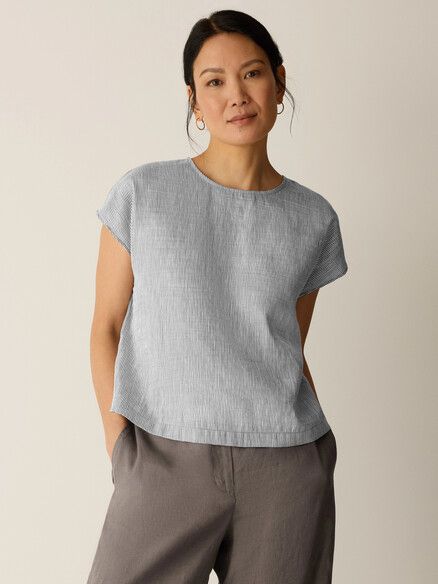 Eileen Fisher Striped Linen Sheen Round Neck Square Top in Wren