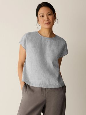 Eileen Fisher Striped Linen Sheen Round Neck Square Top in Wren Eileen Fisher Striped Linen Sheen Round Neck Square Top in Wren