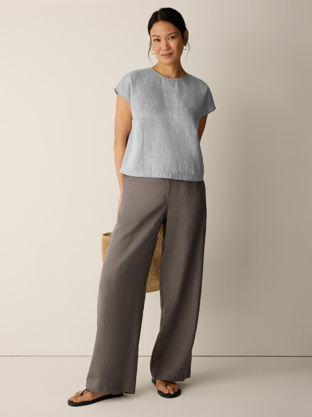 Eileen Fisher Striped Linen Sheen Round Neck Square Top in Wren