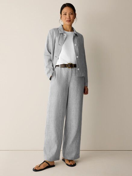 Eileen Fisher Striped Linen Sheen High Waisted Wide Leg Trouser in Wren
