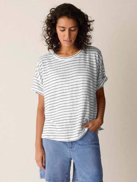 Eileen Fisher Organic Linen Jersey Stripe Crewneck Box Top in White/Black